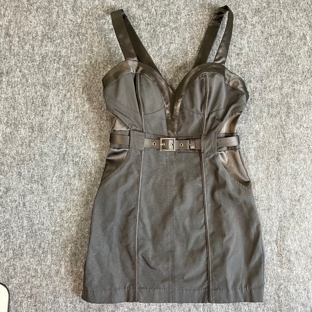 Bebe Y2K Black Belted Corset Sexy Mini Dress Satin Trim Sweetheart Neck Size 8